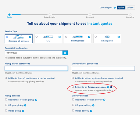 Amazon FBA shipping option on Freightquote.com